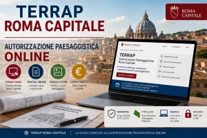 TERRAP Roma Capitale per autorizzazione paesaggistica online TERRAP Roma Capitale, la piattaforma telematica utilizzata per presentare e gestire le autorizzazioni paesaggistiche di competenza capitolina. La grafica richiama il portale digitale, la verifica dei vincoli paesaggistici e PTPR, la documentazione tecnica, i pagamenti e l’accesso ai servizi online.